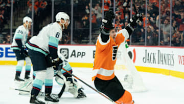 Oct 18, 2021; Philadelphia, Pennsylvania, USA; Philadelphia Flyers right wing Travis Konecny (11) celebrates after scoring against the Seattle Kraken during the first period at Wells Fargo Center. Mandatory Credit: Bill Streicher-USA TODAY Sports