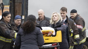 "Double Red" Episode 909 -- Pictured: (l-r) Miranda Rae Mayo as Stella Kidd, Anthony Ferraris as Tony, Randy Flagler as Harold Capp, Kara Killmer as Sylvie Brett, Jesse Spencer as Matthew Casey, Joe Minoso as Joe Cruz -- (Photo by: Adrian S. Burrows Sr./NBC)