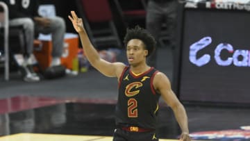 May 12, 2021; Cleveland, Ohio, USA; Cleveland Cavaliers guard Collin Sexton (2) celebrates his three-point basket in the fourth quarter against the Boston Celtics at Rocket Mortgage FieldHouse. Mandatory Credit: David Richard-USA TODAY Sports