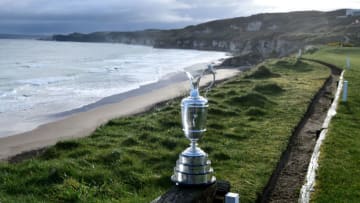 PORTRUSH, NORTHERN IRELAND - APRIL 2: The Claret Jug is pictured at Royal Portrush Golf Club during a media event on April 2, 2019 in Portrush, Northern Ireland. The Open Championship returns to Royal Portrush for the first time since 1951 this summer between 18-21 of July. (Photo by Charles McQuillan/Getty Images)
