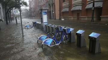 MIAMI, FL - SEPTEMBER 10: A flooded street is seen in the Brickell area of downtown as Hurricane Irma passes through on September 10, 2017 in Miami, Florida. Hurricane Irma made landfall in the Florida Keys as a Category 4 storm on Sunday, lashing the state with 130 mph winds as it moves up the coast. (Photo by Joe Raedle/Getty Images)