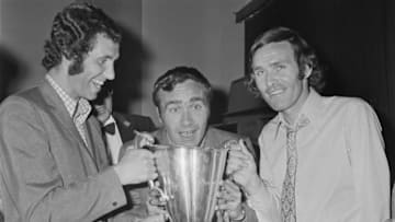 Chelsea footballers attend a reception at the Old Town Hall in Chelsea after winning the UEFA Cup Winners' Cup, London, UK, 22nd May 1971. Left to right, Peter Osgood, Ron Harris and John Dempsey. (Photo by Reg Burkett/Daily Express/Getty Images)