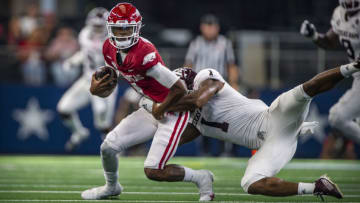 Arkansas Razorbacks quarterback Malik Hornsby (4) and Texas A&M Aggies (Jerome Miron-USA TODAY Sports)