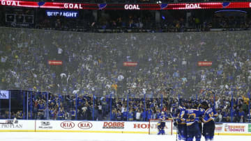 ST. LOUIS, MO - APRIL 16: Members of the St. Louis Blues celebrate after scoring an empty-net goal against the Minnesota Wild in Game Three of the Western Conference First Round during the 2017 NHL Stanley Cup Playoffs at the Scottrade Center on April 16, 2017 in St. Louis, Missouri. (Photo by Dilip Vishwanat/Getty Images)