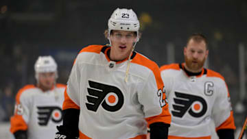 Jan 1, 2022; Los Angeles, California, USA; Philadelphia Flyers left wing Oskar Lindblom (23) warms up before the game against the Los Angeles Kings at Crypto.com Arena. Mandatory Credit: Jayne Kamin-Oncea-USA TODAY Sports
