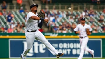 DETROIT, MI - JULY 20: Jeimer Candelario #46 of the Detroit Tigers makes a play on a ground ball in the fourth inning against the Toronto Blue Jays during a MLB game at Comerica Park on July 20, 2019 in Detroit, Michigan. (Photo by Dave Reginek/Getty Images)