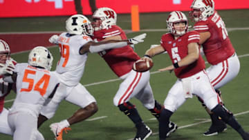 Wisconsin quarterback Graham Mertz threw four touchdown passes in the first half Friday night.Uwgrid24 11