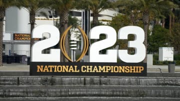 Jan 8, 2023; Inglewood California, USA; A general overall view of the 2023 College Football National Championship logo at SoFi Stadium. Mandatory Credit: Kirby Lee-USA TODAY Sports