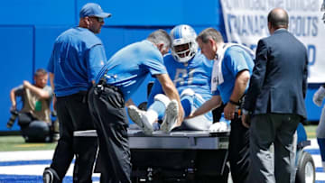 INDIANAPOLIS, IN - AUGUST 13: Kerry Hyder #61 of the Detroit Lions is taken off the field after suffering an injury against the Indianapolis Colts during a preseason game at Lucas Oil Stadium on August 13, 2017 in Indianapolis, Indiana. (Photo by Joe Robbins/Getty Images)