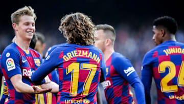 BARCELONA, SPAIN - FEBRUARY 15: (L-R) Frenkie de Jong of FC Barcelona, Antoine Griezmann of FC Barcelona celebrates goal 1-0 during the La Liga Santander match between FC Barcelona v Getafe at the Camp Nou on February 15, 2020 in Barcelona Spain (Photo by David S. Bustamante/Soccrates/Getty Images)