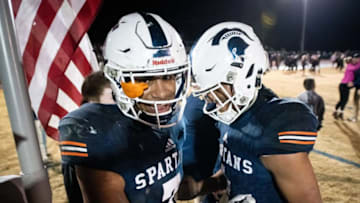 Summit's Keaton Wade (7) and Destin Wade (1) react after their victory against Dyer County at Summit High School in Spring Hill, Tenn., Friday, Nov. 29, 2019.Shs Dchs 112919 024