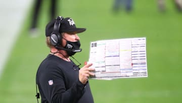 Dec 17, 2020; Paradise, Nevada, USA; Las Vegas Raiders head coach Jon Gruden against the Los Angeles Chargers at Allegiant Stadium. Mandatory Credit: Mark J. Rebilas-USA TODAY Sports