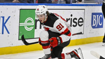 Feb 16, 2023; St. Louis, Missouri, USA; New Jersey Devils center Dawson Mercer (91) reacts after scoring against the St. Louis Blues during the first period at Enterprise Center. Mandatory Credit: Jeff Curry-USA TODAY Sports
