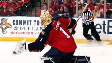 SUNRISE, FL - APRIL 14: Goaltender Roberto Luongo #1 of the Florida Panthers defends the net against the New York Islanders in Game One of the Eastern Conference Quarterfinals during the 2016 NHL Stanley Cup Playoffs at the BB&T Center on April 14, 2016 in Sunrise, Florida. (Photo by Eliot J. Schechter/NHLI via Getty Images)