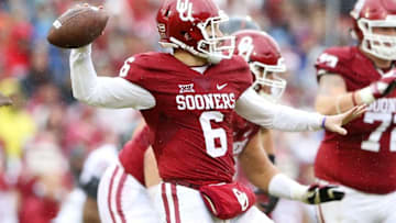 Dec 3, 2016; Norman, OK, USA; Oklahoma Sooners quarterback Baker Mayfield (6) throws during the game against the Oklahoma State Cowboys at Gaylord Family - Oklahoma Memorial Stadium. Mandatory Credit: Kevin Jairaj-USA TODAY Sports