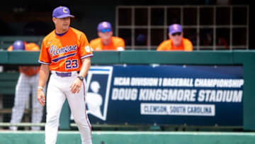 Clemson's head coach Erik Bakich during a NCAA baseball regional game between Clemson and Charlotte held at Doug Kingsmore Stadium in Clemson, S.C., on Sunday, June 4, 2023.