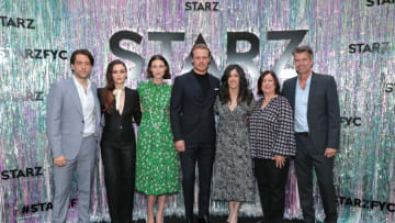 CENTURY CITY, CALIFORNIA - JUNE 02: (L-R) Richard Rankin, Sophie Skelton, Caitriona Balfe, Sam Heughan, Executive Producer Maril Davis, Executive Producer/Writer Toni Graphia and Production Designer Jon Gary Steele attend Starz FYC 2019 — Where Creativity, Culture and Conversations Collide on June 02, 2019 at Westfield Century City in Century City, California. (Photo by Rich Polk/Getty Images for STARZ Entertainment LLC.)