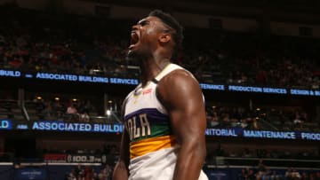 NEW ORLEANS, LA - FEBRUARY 4: Zion Williamson #1 of the New Orleans Pelicans reacts to a play during the game against the Milwaukee Bucks on February 4, 2020 at the Smoothie King Center in New Orleans, Louisiana. NOTE TO USER: User expressly acknowledges and agrees that, by downloading and or using this Photograph, user is consenting to the terms and conditions of the Getty Images License Agreement. Mandatory Copyright Notice: Copyright 2020 NBAE (Photo by Layne Murdoch Jr./NBAE via Getty Images)