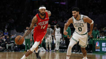New Orleans Pelicans forward Brandon Ingram (14) dribbles past Boston Celtics forward Jayson Tatum Credit: Winslow Townson-USA TODAY Sports