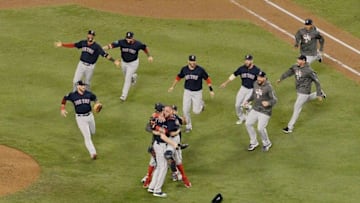 LOS ANGELES, CA - OCTOBER 28: The Boston Red Sox celebrate their 5-1 win over the Los Angeles Dodgers in Game Five to win the 2018 World Series at Dodger Stadium on October 28, 2018 in Los Angeles, California. (Photo by Kevork Djansezian/Getty Images)