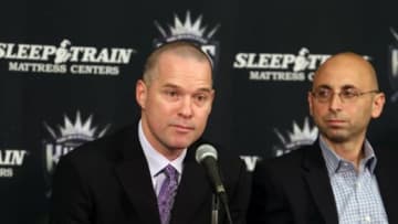 Jul 1, 2013; Sacramento, CA, USA; Sacramento Kings head coach Michael Malone and general manager Pete D Alessandro during a press conference at the Sleep Train Arena press room. Mandatory Credit: Kelley L Cox-USA TODAY Sports