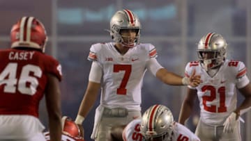 BLOOMINGTON, INDIANA - OCTOBER 23: C.J. Stroud #7 of the Ohio State Buckeyes directs his team during the second quarter in the game against the Indiana Hoosiers at Indiana University on October 23, 2021 in Bloomington, Indiana. (Photo by Justin Casterline/Getty Images)