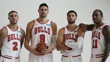 Chicago Bulls, Lonzo Ball, Nikola Vucevic, Zach LaVine, DeMar DeRozan. Mandatory Credit: David Banks-USA TODAY Sports