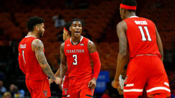 MIAMI, FL - DECEMBER 01: Deshawn Corprew #3 of the Texas Tech Red Raiders celebrates with teammates during the second half against the Memphis Tigers of the HoopHall Miami Invitational at American Airlines Arena on December 1, 2018 in Miami, Florida. (Photo by Michael Reaves/Getty Images)