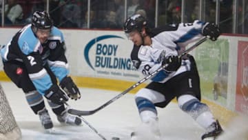 The Idaho Steelheads' Tyler Gron, who signed earlier in the day and scored two goals, works behind the net against the Alaska Aces' Mike Baran (2) at CenturyLink Arena in Boise, Idaho, on Friday, January 18, 2013. (Katherine Jones/Idaho Statesman/MCT via Getty Images)