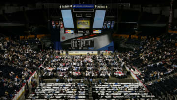 NASHVILLE, TN - JUNE 21: National Hockey League teams stand ready to begin the 2003 NHL Entry Draft at the Gaylord Entertainment Center on June 21, 2003 in Nashville, Tennessee. (Photo by Doug Pensinger/Getty Images/NHLI)