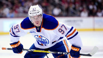 Mar 22, 2016; Glendale, AZ, USA; Edmonton Oilers center Connor McDavid (97) looks on during the third period against the Arizona Coyotes at Gila River Arena. Mandatory Credit: Matt Kartozian-USA TODAY Sports