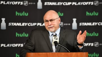 COLUMBUS, OH - APRIL 17: Head Coach Barry Trotz of the Washington Capitals speaks during the post-game press conference following a 3-2 double overtime victory over the Columbus Blue Jackets in Game Three of the Eastern Conference First Round during the 2018 NHL Stanley Cup Playoffs at Nationwide Arena in Columbus, Ohio. (Photo by Jamie Sabau/NHLI via Getty Images)