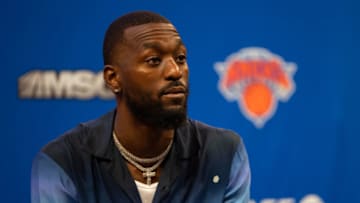 Kemba Walker #8 of the New York Knicks during a press conference at Madison Square Garden on August 17, 2021 in New York City. (Photo by Dustin Satloff/Getty Images)