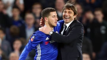 Chelsea manager Antonio Conte celebrates with Chelsea's Eden Hazardduring the The Emirates FA Cup - Sixth Round match between Chelsea and Manchester United at Stamford Bridge, London, England on 13 March 2017. (Photo by Kieran Galvin/NurPhoto via Getty Images)