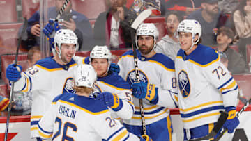 SUNRISE, FL - FEBRUARY 24: Jeff Skinner #53 of the Buffalo Sabres celebrates his goal with Mattias Samuelsson #23, Rasmus Dahlin #26, Alex Tuch #89 and Tage Thompson #72 after Skinner scored his second goal of the game against the Florida Panthers during third period action at the FLA Live Arena on February 24, 2023 in Sunrise, Florida. (Photo by Joel Auerbach/Getty Images)