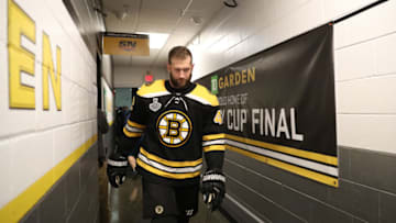 BOSTON, MASSACHUSETTS - MAY 26: David Backes #42 of the Boston Bruins walks through the hall way to practice during Media Day ahead of the 2019 NHL Stanley Cup Final at TD Garden on May 26, 2019 in Boston, Massachusetts. (Photo by Bruce Bennett/Getty Images)