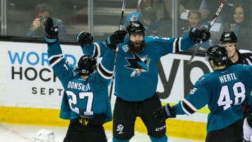Apr 20, 2016; San Jose, CA, USA; San Jose Sharks defenseman Brent Burns (88) celebrates scoring against the Los Angeles Kings in the second period of game four of the first round of the 2016 Stanley Cup Playoffs at SAP Center at San Jose. Mandatory Credit: John Hefti-USA TODAY Sports
