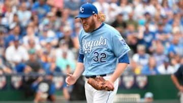 KANSAS CITY, MO - AUGUST 6: Brandon Maurer #32 of the Kansas City Royals celebrates after getting an out against the Seattle Mariners in game one of a doubleheader at Kauffman Stadium on August 6, 2017 in Kansas City, Missouri. (Photo by Ed Zurga/Getty Images)