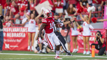 LINCOLN, NE - SEPTEMBER 02: Nebraska wide receiver JD Spielman (10) runs for at touchdown on a kick return during the first half against the Arkansas State Red Wolves on September 02, 2017 at Memorial Stadium in Lincoln, Nebraska. Nebraska beat Arkansas State 43 to 36. (Photo by John Peterson/Icon Sportswire via Getty Images)