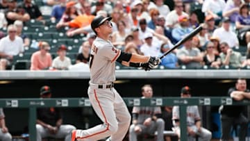 Apr 14, 2016; Denver, CO, USA; San Francisco Giants second baseman Kelby Tomlinson (37) in the fifth inning against the Colorado Rockies at Coors Field. Mandatory Credit: Isaiah J. Downing-USA TODAY Sports