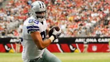 Aug 17, 2013; Phoenix, AZ, USA; Dallas Cowboys tight end Gavin Escobar (89) runs the ball during the fourth quarter against the Arizona Cardinals at University of Phoenix Stadium. The Cardinals defeated the Cowboys 12-7. Mandatory Credit: Casey Sapio-USA TODAY Sports