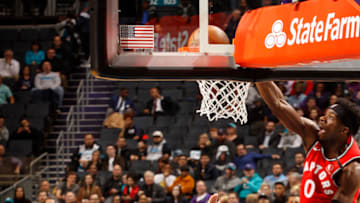 CHARLOTTE, NC - JANUARY 8: Terence Davis #0 of the Toronto Raptors dunks the ball during the game against the Charlotte Hornets on January 8, 2020 at Spectrum Center in Charlotte, North Carolina. NOTE TO USER: User expressly acknowledges and agrees that, by downloading and or using this photograph, User is consenting to the terms and conditions of the Getty Images License Agreement. Mandatory Copyright Notice: Copyright 2020 NBAE (Photo by Kent Smith/NBAE via Getty Images)