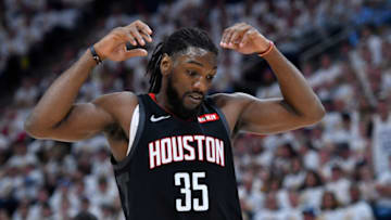 SALT LAKE CITY, UT - APRIL 22: Kenneth Faried #35 of the Houston Rockets gestures on the court in Game Four during the first round of the 2019 NBA Western Conference Playoffs against the Utah Jazz at Vivint Smart Home Arena on April 22, 2019 in Salt Lake City, Utah. NOTE TO USER: User expressly acknowledges and agrees that, by downloading and or using this photograph, User is consenting to the terms and conditions of the Getty Images License Agreement. (Photo by Gene Sweeney Jr./Getty Images)