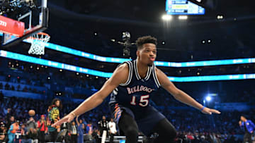 CHARLOTTE, NC - FEBRUARY 16: Dennis Smith Jr. #5 of the New York Knicks reacts during the 2019 AT&T Slam Dunk Contest during the 2019 AT&T Slam Dunk Contest as part of the State Farm All-Star Saturday Night on February 16, 2019 at Spectrum Center in Charlotte, North Carolina. NOTE TO USER: User expressly acknowledges and agrees that, by downloading and or using this photograph, User is consenting to the terms and conditions of the Getty Images License Agreement. Mandatory Copyright Notice: Copyright 2019 NBAE (Photo by Jesse D. Garrabrant/NBAE via Getty Images)