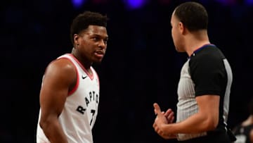 Kyle Lowry #7 of the Toronto Raptors talks with a referee after a call in the second quarter during the game against Brooklyn Nets (Photo by Sarah Stier/Getty Images)