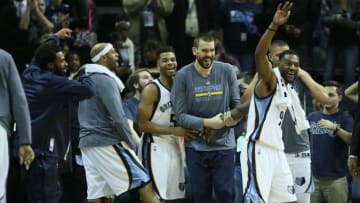 Dec 29, 2016; Memphis, TN, USA; Memphis Grizzlies guards Mike Conley and Vince Carter celebrate with center Marc Gasol and guard Tony Allen (9) after a three point basket against the Oklahoma City Thunder during the fourth quarter at FedExForum. Memphis defeated Oklahoma City 114-80. Mandatory Credit: Nelson Chenault-USA TODAY Sports