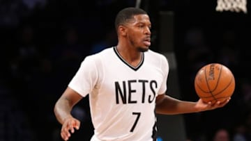 Jan 22, 2016; Brooklyn, NY, USA; Brooklyn Nets forward Joe Johnson (7) advances the ball during the first quarter against the Utah Jazz at Barclays Center. Mandatory Credit: Anthony Gruppuso-USA TODAY Sports