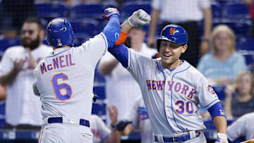 Jeff McNeil and Michael Conforto, New York Mets. (Photo by Michael Reaves/Getty Images)