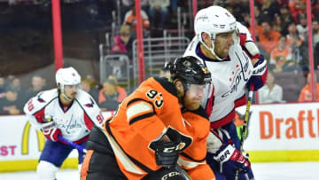 Mar 30, 2016; Philadelphia, PA, USA; Philadelphia Flyers left wing Jakub Voracek (93) battles with Washington Capitals left wing Alex Ovechkin (8) during the second period at Wells Fargo Center. Mandatory Credit: Eric Hartline-USA TODAY Sports