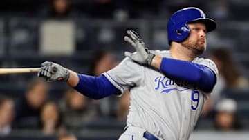 NEW YORK, NY - APRIL 18: Lucas Duda #9 of the Kansas City Royals bats in an MLB baseball game against the New York Yankees on April 18, 2019 at Yankee Stadium in the Bronx borough of New York City. Royals won 6-1. (Photo by Paul Bereswill/Getty Images)